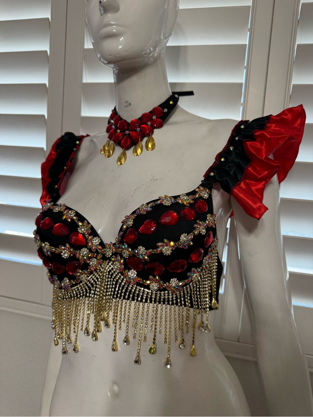 New L red jeweled black bra top lingerie festival rave outfit carnival beaded - Picture 2 of 13